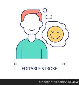 Positive thinking RGB color icon. Man and smiling face. Healthy mental state and life balance. Isolated vector illustration. Simple filled line drawing. Editable stroke. Arial font used. Positive thinking RGB color icon