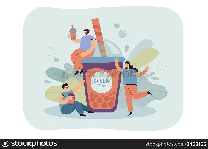 Positive tiny people drinking bubble tea isolated flat vector illustration. Cartoon cute characters holding fruit boba beverage with tapioca balls. Summer Asian beverages and drinks concept