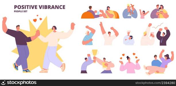 Positive vibrance people characters kit. Happy women men and child, young business adults winners. Dancing couple, dating in cafe. Different vector persons set. Illustration of positive characters. Positive vibrance people characters kit. Happy women men and child, young business adults winners. Dancing couple, dating in cafe. Different joyful vector persons set