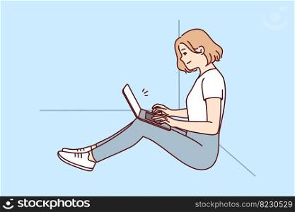 Positive woman freelancer sitting on floor near wall with laptop on lap. girl works remotely in comfortable environment performing instructions of manager via Internet. Flat vector illustration . Positive woman freelancer sitting on floor near wall with laptop on lap. Vector image