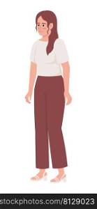 Positive woman in casual clothes semi flat color vector character. Standing figure. Full body person on white. Lifestyle simple cartoon style illustration for web graphic design and animation. Positive woman in casual clothes semi flat color vector character
