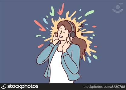 Positive woman meloman listening to music with headphones enjoying favorite pop or rock track. Joyful girl presses earphones to ears and smiles after hearing song from playlist. Flat vector image. Positive woman meloman listening to music with headphones enjoying favorite pop track. Vector image