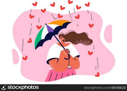Positive woman tries umbrella to hide from falling hearts symbolizing excessive love and care. Beautiful girl takes cover from obsessive compliments from friends or strong parental love. Positive woman tries umbrella to hide from falling hearts symbolizing excessive love and care