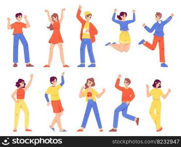 Positive young adults characters. Different university societies person, happy teenager or young friends. Cheering celebration carefree students vector set of character youn and cheerful illustration. Positive young adults characters. Different university youth societies person, happy teenager or young friends. Cheering celebration carefree students snugly vector set