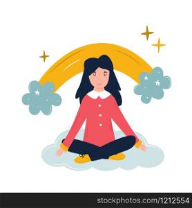 Positive young girl sitting on a cloud. Good vibes concept. Vector illustration. Positive young girl sitting on a cloud