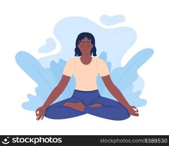 Positive young woman meditating in lotus pose 2D vector isolated illustration. Tranquil flat character on cartoon background. Mindfulness colourful editable scene for mobile, website, presentation. Positive young woman meditating in lotus pose 2D vector isolated illustration