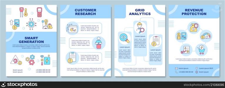 Possibilities of smart grid blue brochure template. Booklet print design with linear icons. Vector layouts for presentation, annual reports, ads. Arial-Black, Myriad Pro-Regular fonts used. Possibilities of smart grid blue brochure template
