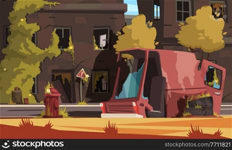 Post apocalypse city cartoon background with empty destroyed living buildings and automobile vector illustration. Post Apocalypse City Illustration