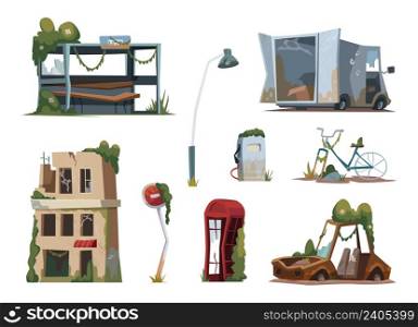 Post apocalypse. Wars city ruins destructive buildings destroyer concept exact vector illustrations in cartoon style. Town and city war and apocalypse. Post apocalypse. Wars city ruins destructive buildings destroyer concept exact vector illustrations in cartoon style