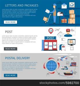 Post Banners Set. Post horizontal banners set with letters and packages delivery symbols flat isolated vector illustration