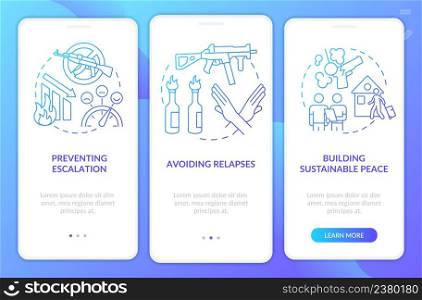 Post conflict recovery blue gradient onboarding mobile app screen. Walkthrough 3 steps graphic instructions pages with linear concepts. UI, UX, GUI template. Myriad Pro-Bold, Regular fonts used. Post conflict recovery blue gradient onboarding mobile app screen