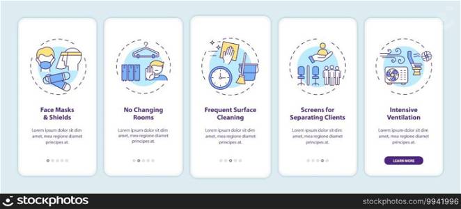 Post-covid beauty salon safety rules onboarding mobile app page screen with concepts. Masks, surface cleaning walkthrough 5 steps graphic instructions. UI vector template with RGB color illustrations. Post-covid beauty salon safety rules onboarding mobile app page screen with concepts