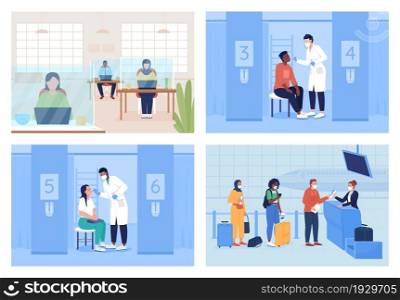 Post covid safety flat color vector illustration set. Office protection. Doctor checking patient. Airport safety. People in facial masks 2D cartoon characters with interiors on background collection. Post covid safety flat color vector illustration set