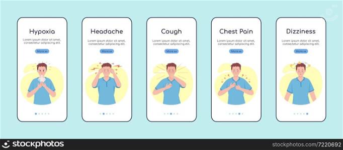 Post covid syndrome symptoms onboarding mobile app screen flat vector template. Walkthrough website 5 steps with characters. Creative UX, UI, GUI smartphone cartoon interface, case prints set. Post covid syndrome symptoms onboarding mobile app screen flat vector template