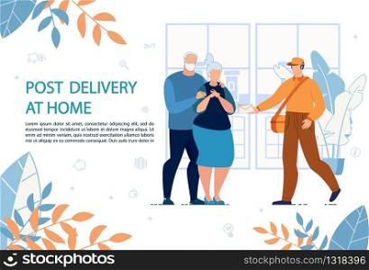 Post Delivery at Home Advertising Banner. Postman Giving Letter Mail in Paper Envelop to Elderly Married Couple Addressee. Correspondence Transportation Male Courier. Flat Apartment Interior. Post Mails Delivery at Home Advertising Banner