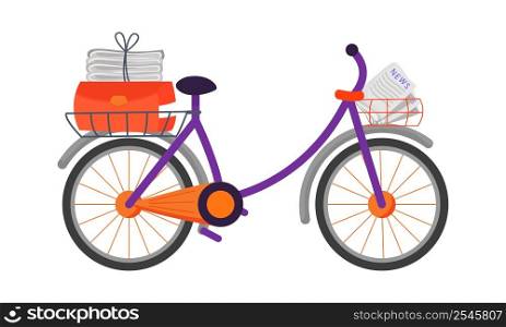 Post delivery bicycle semi flat color vector element. Full sized object on white. Newspapers delivery. Postman transport simple cartoon style illustration for web graphic design and animation. Post delivery bicycle semi flat color vector element
