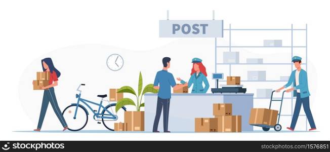 Post delivery office. Postmen, courier with truck and people with boxes and letters in post reception, order receiving or parcel, mail service postage stamp envelopes vector flat cartoon illustration. Post delivery office. Postmen, courier and people with boxes and letters in post reception, order receiving or parcel, mail service postage stamp envelopes vector flat illustration
