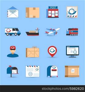 Post Icons Set . Post icons set with plane train and truck transportation symbols on blue background flat isolated vector illustration