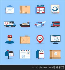 Post icons set with plane train and truck transportation symbols on blue background flat isolated vector illustration . Post Icons Set
