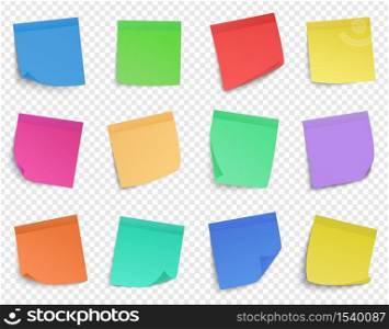 Post it pin note. Paper memo notes, sticky business remind paper sheets, colorful sticker notes vector isolated icons set. Illustration colorful paper note, sticker reminder. Post it pin note. Paper memo notes, sticky business remind paper sheets, colorful sticker notes vector isolated icons set