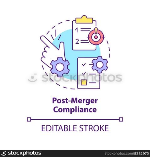 Post merger compliance concept icon. Parties obligations. Stage of merger abstract idea thin line illustration. Isolated outline drawing. Editable stroke. Arial, Myriad Pro-Bold fonts used. Post merger compliance concept icon