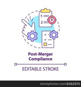 Post merger compliance concept icon. Parties obligations. Stage of merger abstract idea thin line illustration. Isolated outline drawing. Editable stroke. Arial, Myriad Pro-Bold fonts used. Post merger compliance concept icon
