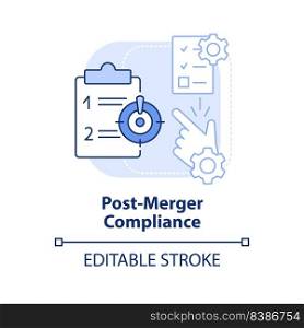 Post merger compliance light blue concept icon. Parties obligations. Stage of merger abstract idea thin line illustration. Isolated outline drawing. Editable stroke. Arial, Myriad Pro-Bold fonts used. Post merger compliance light blue concept icon