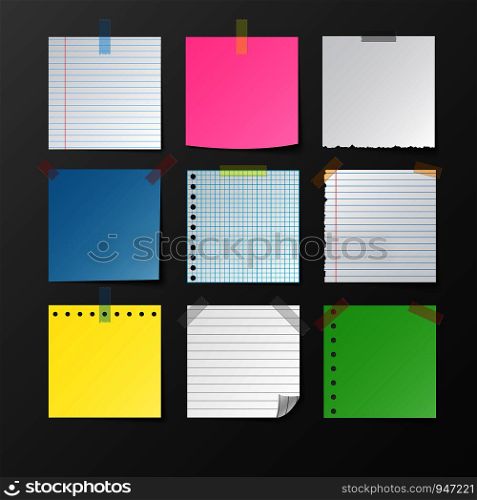 Post note paper set on gray background with shadow, vector illustration