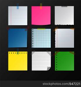 Post note paper set on gray background with shadow, vector illustration
