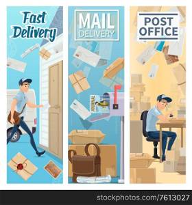Post office and postman, mail delivery service vector banners. Courier stamping envelopes in post office, bring letters and parcels to recipients door and mail box. Newspapers, postage delivering. Post office, postman. Mail delivery service