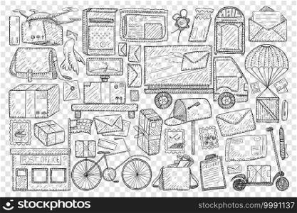 Post office and sending letters doodle set. Collection of hand drawn post office and box truck for delivering post bicycle for postman bag dove with letter scooter isolated on transparent background. Post office and sending letters doodle set