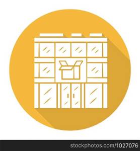 Post office building yellow flat design long shadow glyph icon. Postal warehouse facilities. Delivery office. Order shipping. Shipment service. Parcel storage. Vector silhouette illustration