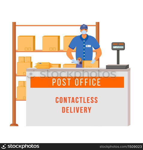 Post office counter flat color vector faceless character. Postal packages on shelves. Delivery worker with mask. Contactless delivery isolated cartoon illustration for web graphic design and animation