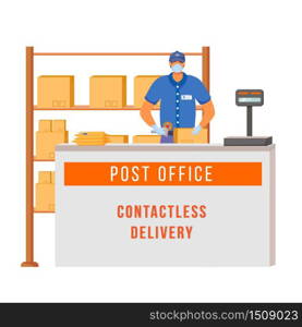 Post office counter flat color vector faceless character. Postal packages on shelves. Delivery worker with mask. Contactless delivery isolated cartoon illustration for web graphic design and animation