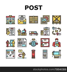 Post Office Delivery Service Icons Set Vector. Truck Transport Parcel And Letter, Post Office Worker And Postman Delivering Envelope Mail And Oversize Box Package Line. Color Illustrations. Post Office Delivery Service Icons Set Vector