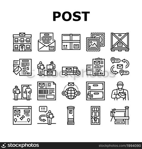 Post Office Delivery Service Icons Set Vector. Truck Transport Parcel And Letter, Post Office Worker And Postman Delivering Envelope Mail And Oversize Box Package Black Contour Illustrations. Post Office Delivery Service Icons Set Vector
