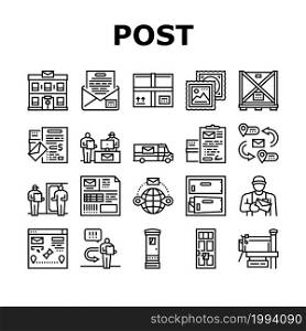 Post Office Delivery Service Icons Set Vector. Truck Transport Parcel And Letter, Post Office Worker And Postman Delivering Envelope Mail And Oversize Box Package Black Contour Illustrations. Post Office Delivery Service Icons Set Vector