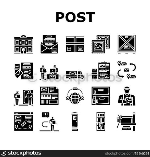 Post Office Delivery Service Icons Set Vector. Truck Transport Parcel And Letter, Post Office Worker And Postman Delivering Envelope Mail And Oversize Box Package Glyph Pictograms Black Illustrations. Post Office Delivery Service Icons Set Vector