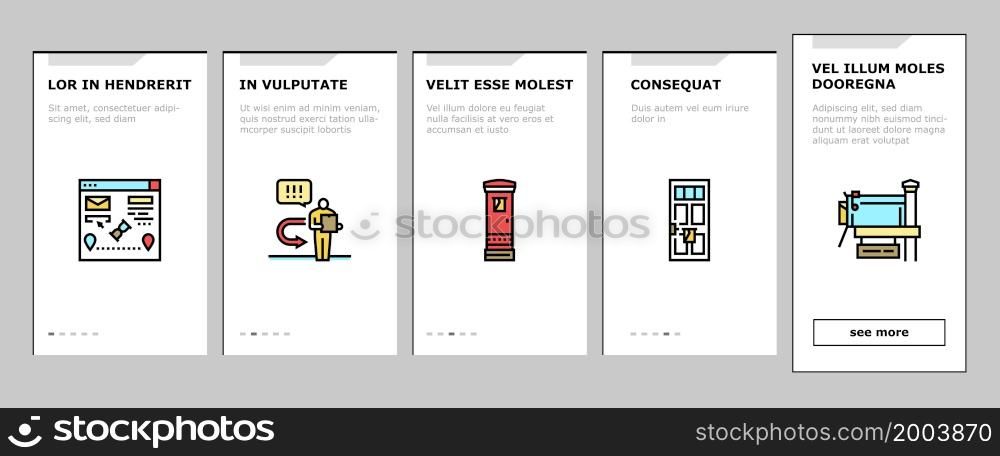 Post Office Delivery Service Onboarding Mobile App Page Screen Vector. Truck Transport Parcel And Letter, Post Office Worker And Postman Delivering Envelope Mail Oversize Box Package. Illustrations. Post Office Delivery Service Onboarding Icons Set Vector