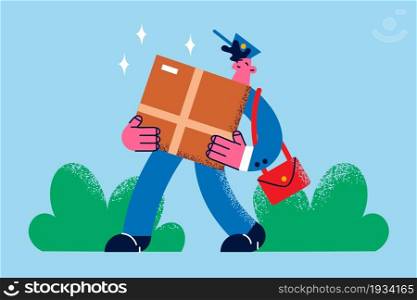 Post office delivery services concept. Young smiling man delivery person postman cartoon character carrying huge parcel in hands vector illustration . Post office delivery services concept