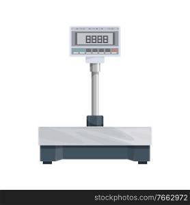 Post office digital scale isolated icon, warehouse weighting postal cargo scales vector. Postal scales, weight control on post