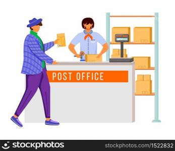 Post office female worker and customer flat color vector illustration. Sending parcel procedures. Post service delivery. Parcels collection point isolated cartoon character on white background
