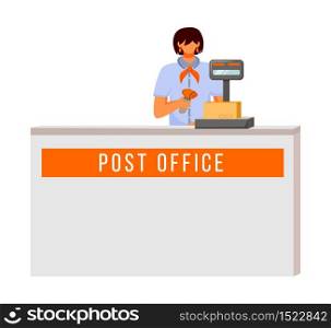Post office female worker flat color vector illustration. Woman checks and scans packages. Post service delivery process. Parcels collection point isolated cartoon character on white background