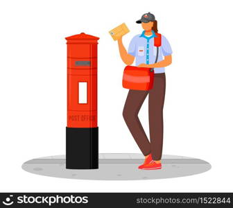 Post office female worker flat color vector illustration. Woman with parcels. Post service delivery. Woman in postal uniform and with bag isolated cartoon character on white background