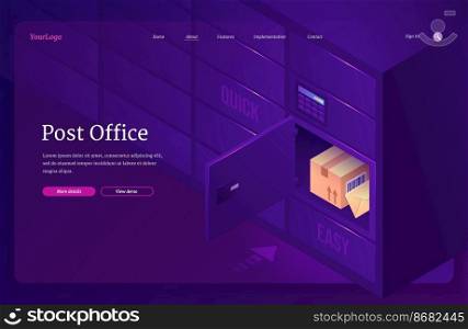 Post office isometric landing page, mail parcel and envelope lying in postamat or locker with digital panel for password. Safe, quick and easy postal delivery, smart self-service, 3d vector web banner. Post office isometric landing, mail parcel locker
