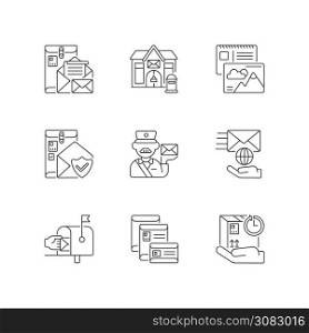Post office linear icons set. Professional postal services, correspondence and parcels transportation customizable thin line contour symbols. Isolated vector outline illustrations. Editable stroke. Post office linear icons set