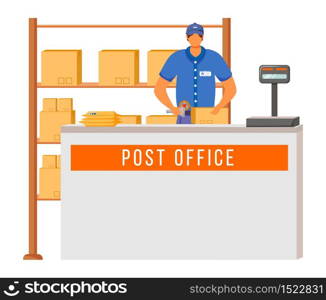 Post office male worker flat color vector illustration. Man checks and scans packages. Post service delivery. Parcels collection point isolated cartoon character on white background