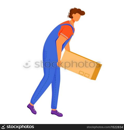 Post office male worker flat color vector illustration. Man distributes packages. Post service delivery. Boxes and parcels transportation isolated cartoon character on white background