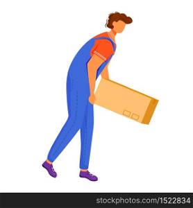 Post office male worker flat color vector illustration. Man distributes packages. Post service delivery. Boxes and parcels transportation isolated cartoon character on white background