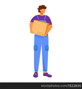 Post office male worker flat color vector illustration. Man distributes packages. Post service delivery boy. Boxes and parcels transportation isolated cartoon character on white background